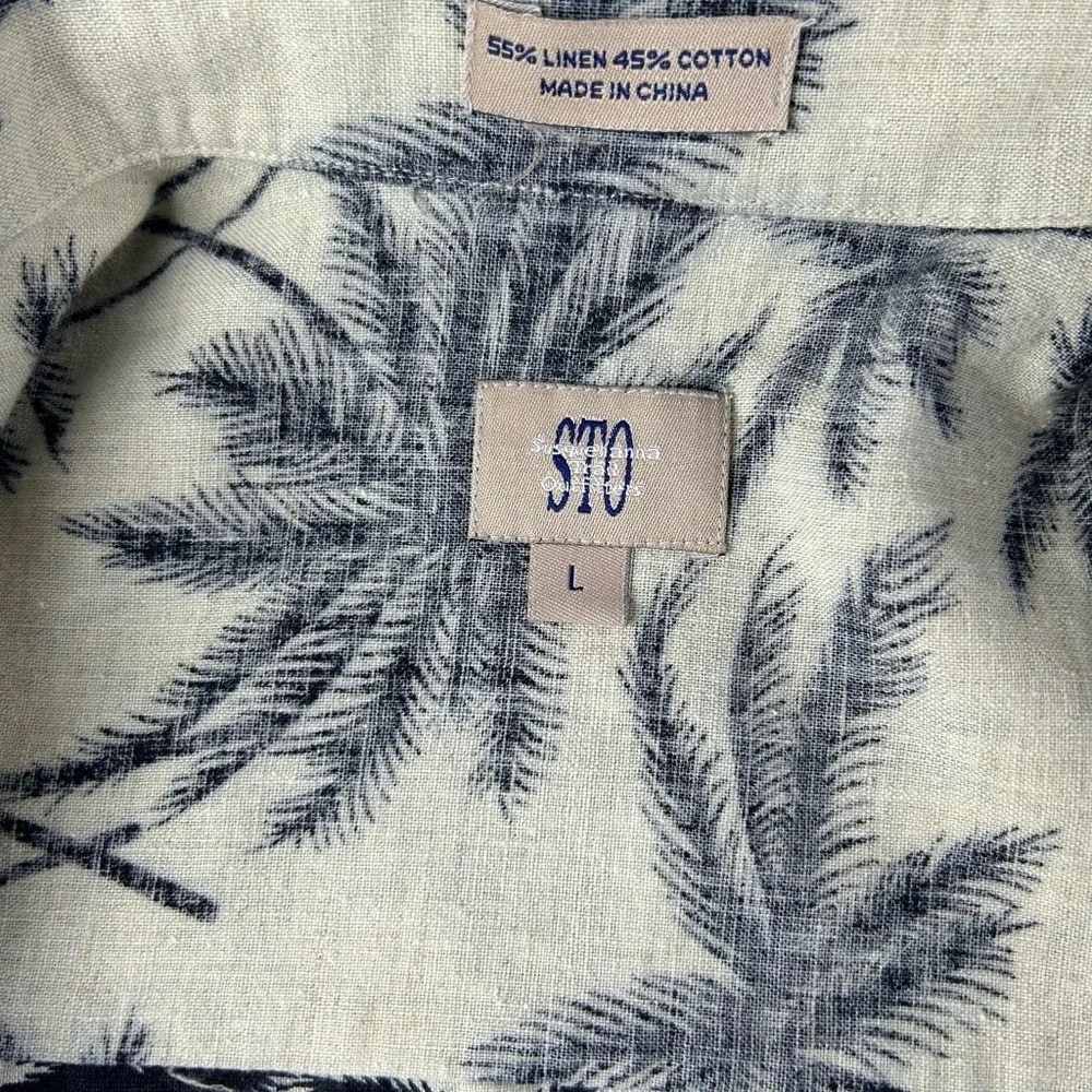 STO Men's Linen Cotton Hawaiian Shirt Palm‎ Tree Print Beige Black Size L